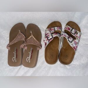 Skechers Women's Rose Gold Glitter Flip Flops and White Floral Buckle Slides Set